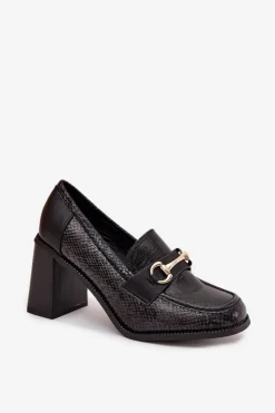 Boto Półbuty Lakierowane|Półbuty Skórzane*Półbuty Damskie Na Słupku Z Tłoczeniem I Złotym Detalem Czarne Novella Czarny