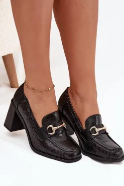 Boto Półbuty Lakierowane|Półbuty Skórzane*Półbuty Damskie Na Słupku Z Tłoczeniem I Złotym Detalem Czarne Novella Czarny