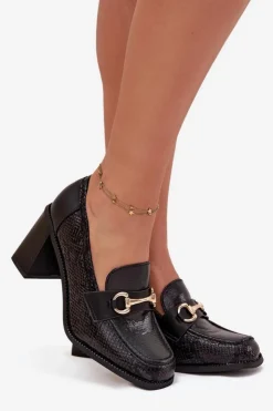 Boto Półbuty Lakierowane|Półbuty Skórzane*Półbuty Damskie Na Słupku Z Tłoczeniem I Złotym Detalem Czarne Novella Czarny