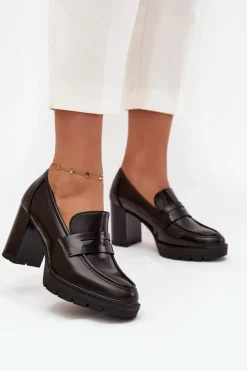 Damskie Boto Półbuty Damskie Na Słupku Z Eko Skóry Czekoladowe Ilyssia