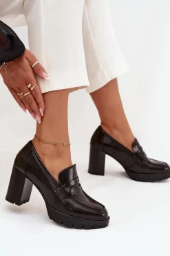 Damskie Boto Półbuty Damskie Na Słupku Z Eko Skóry Czekoladowe Ilyssia