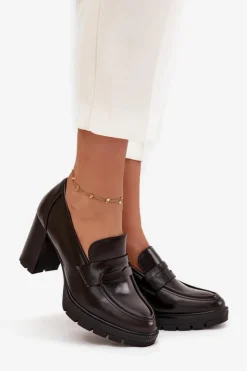 Damskie Boto Półbuty Damskie Na Słupku Z Eko Skóry Czekoladowe Ilyssia