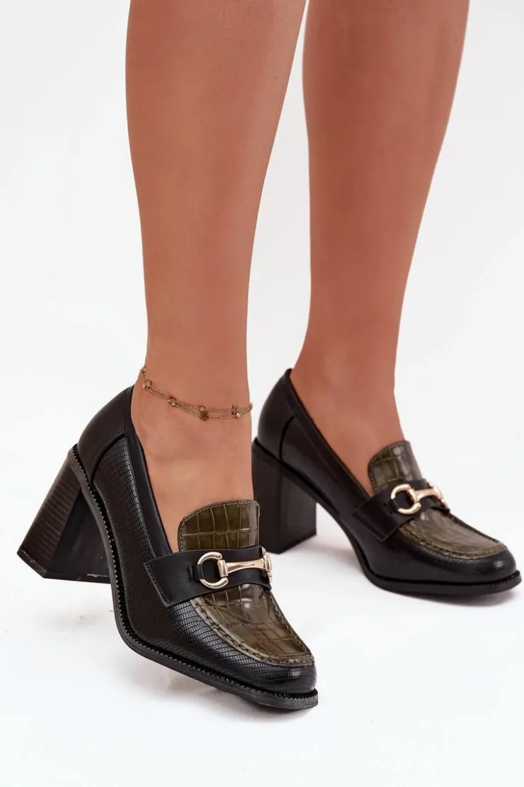 Damskie Boto Półbuty Damskie Na Słupku Z Tłoczeniem I Złotym Detalem Zielono-Czarne Novella