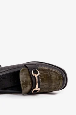 Damskie Boto Półbuty Damskie Na Słupku Z Tłoczeniem I Złotym Detalem Zielono-Czarne Novella