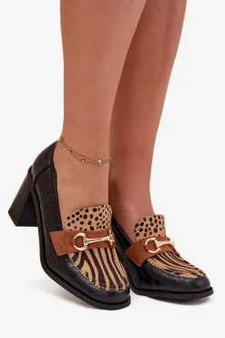 Boto Półbuty Lakierowane|Półbuty Skórzane*Półbuty Damskie Na Słupku Z Tłoczeniem I Złotym Detalem Czarno-Beżowe Novella Czarny