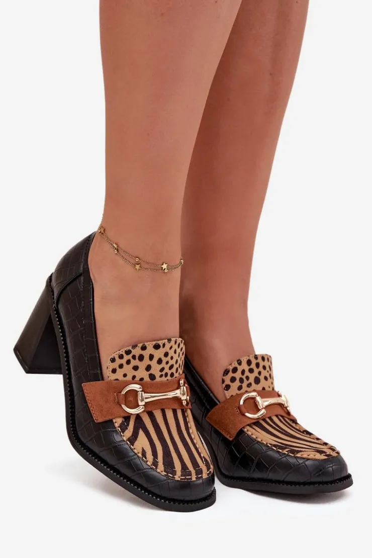 Boto Półbuty Lakierowane|Półbuty Skórzane*Półbuty Damskie Na Słupku Z Tłoczeniem I Złotym Detalem Czarno-Beżowe Novella Czarny