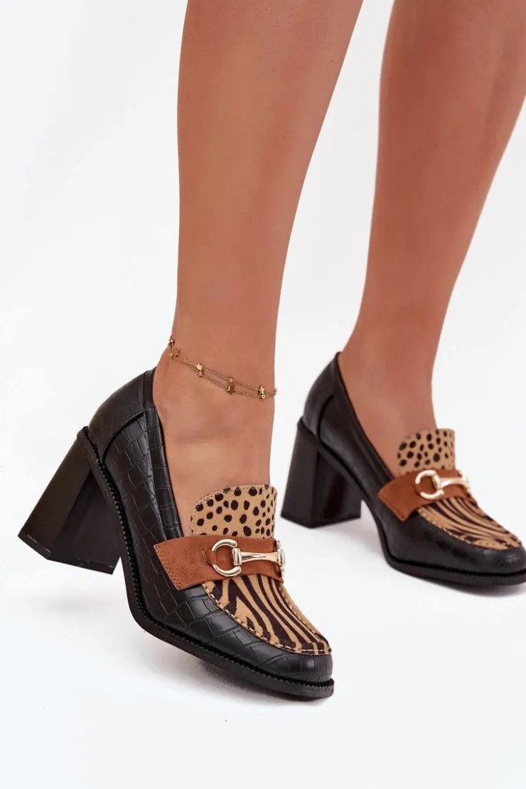 Boto Półbuty Lakierowane|Półbuty Skórzane*Półbuty Damskie Na Słupku Z Tłoczeniem I Złotym Detalem Czarno-Beżowe Novella Czarny