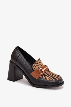 Boto Półbuty Lakierowane|Półbuty Skórzane*Półbuty Damskie Na Słupku Z Tłoczeniem I Złotym Detalem Czarno-Beżowe Novella Czarny