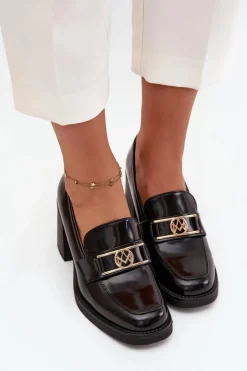 Damskie Boto Półbuty Damskie Na Słupku Ze Złotym Detalem Czarne Privelle