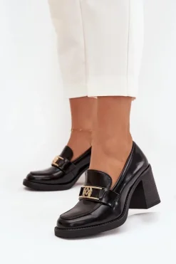 Damskie Boto Półbuty Damskie Na Słupku Ze Złotym Detalem Czarne Privelle