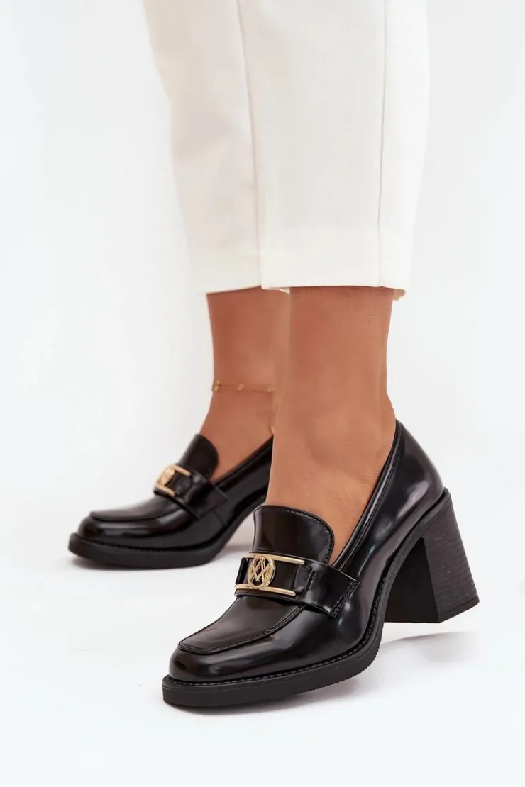 Damskie Boto Półbuty Damskie Na Słupku Ze Złotym Detalem Czarne Privelle