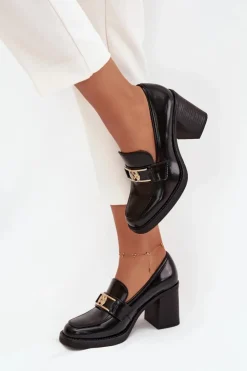 Damskie Boto Półbuty Damskie Na Słupku Ze Złotym Detalem Czarne Privelle