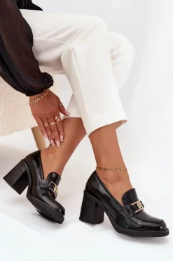 Damskie Boto Półbuty Damskie Na Słupku Ze Złotym Detalem Czarne Privelle