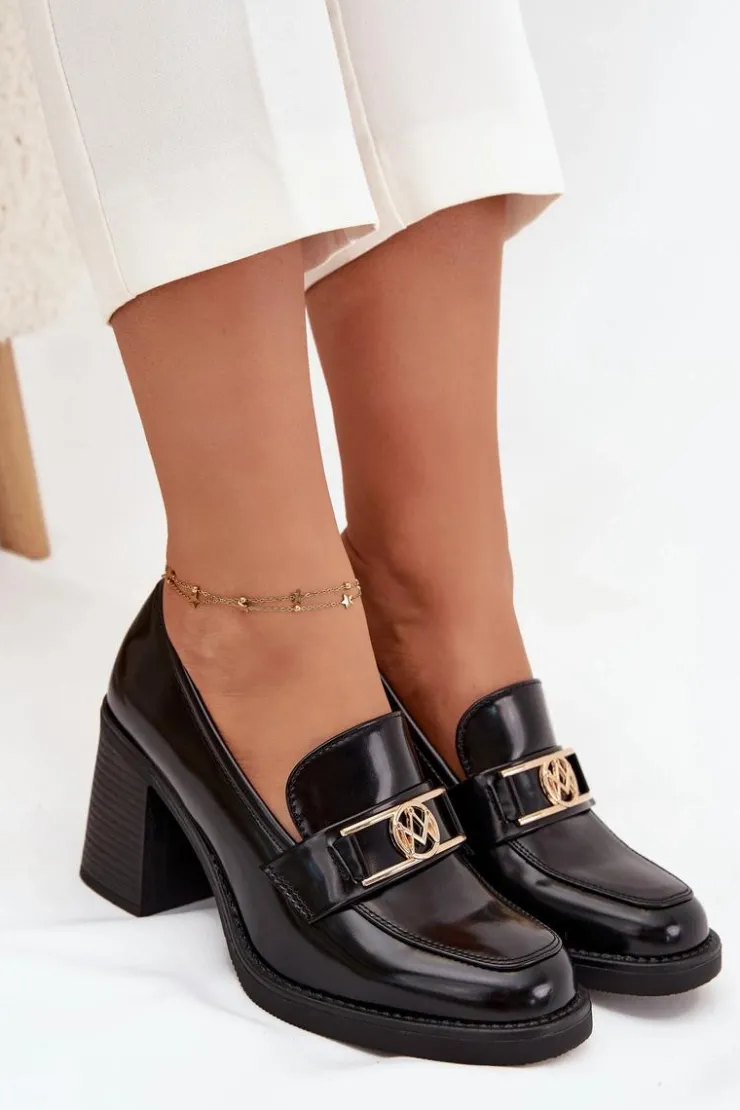 Damskie Boto Półbuty Damskie Na Słupku Ze Złotym Detalem Czarne Privelle