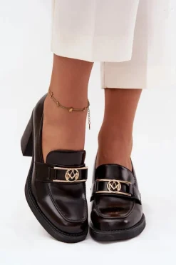 Boto Półbuty Skórzane*Półbuty Damskie Na Słupku Ze Złotym Detalem Czekoladowe Privelle Brązowy