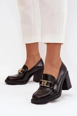 Boto Półbuty Skórzane*Półbuty Damskie Na Słupku Ze Złotym Detalem Czekoladowe Privelle Brązowy