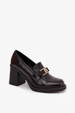 Boto Półbuty Skórzane*Półbuty Damskie Na Słupku Ze Złotym Detalem Czekoladowe Privelle Brązowy