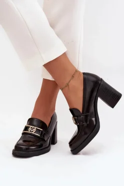 Boto Półbuty Skórzane*Półbuty Damskie Na Słupku Ze Złotym Detalem Czekoladowe Privelle Brązowy