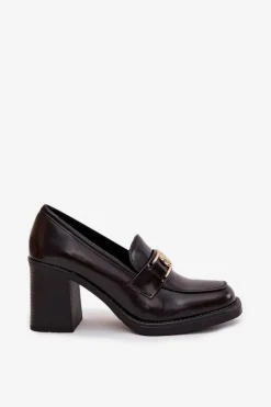 Boto Półbuty Skórzane*Półbuty Damskie Na Słupku Ze Złotym Detalem Czekoladowe Privelle Brązowy