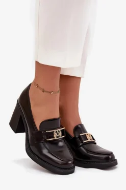 Boto Półbuty Skórzane*Półbuty Damskie Na Słupku Ze Złotym Detalem Czekoladowe Privelle Brązowy