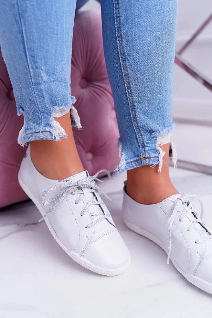 Maciejka Półbuty Skórzane*Półbuty Damskie Tenisówki Skórzane Białe 4049A