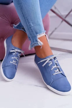 Maciejka Półbuty Skórzane*Półbuty Damskie Tenisówki Skórzane Jasno Niebieskie 4049A
