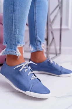 Maciejka Półbuty Skórzane*Półbuty Damskie Tenisówki Skórzane Jasno Niebieskie 4049A