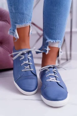 Maciejka Półbuty Skórzane*Półbuty Damskie Tenisówki Skórzane Jasno Niebieskie 4049A