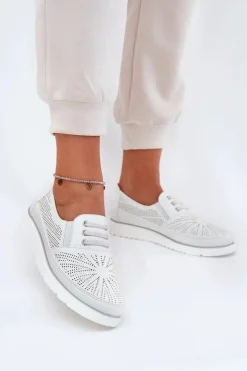 Evento Półbuty Skórzane*Półbuty Damskie Wsuwane Ażurowe Białe Azethia Biały