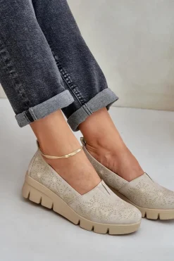 Outlet Boto Półbuty Damskie Z Ażurowym Wzorem Na Koturnie Złote Lisvia