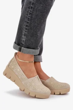 Outlet Boto Półbuty Damskie Z Ażurowym Wzorem Na Koturnie Złote Lisvia