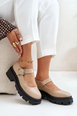 Boto Półbuty Damskie Z Klamrą Beżowe Plikuria Beżowy