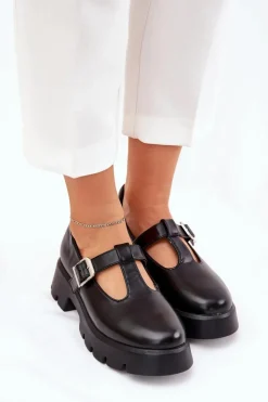 Boto Półbuty Skórzane*Półbuty Damskie Z Klamrą Na Platformie I Płaskim Obcasie Czarne Venda