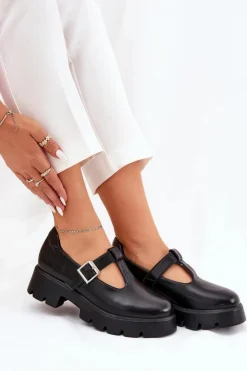 Boto Półbuty Skórzane*Półbuty Damskie Z Klamrą Na Platformie I Płaskim Obcasie Czarne Venda