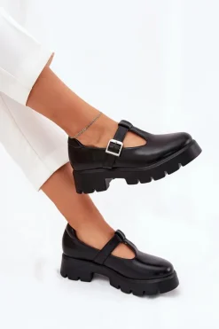 Boto Półbuty Skórzane*Półbuty Damskie Z Klamrą Na Platformie I Płaskim Obcasie Czarne Venda