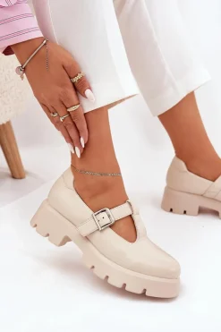 Boto Półbuty Skórzane*Półbuty Damskie Z Klamrą Na Platformie I Płaskim Obcasie Beżowe Venda Beżowy