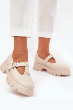 Boto Półbuty Skórzane*Półbuty Damskie Z Klamrą Na Platformie I Płaskim Obcasie Beżowe Venda Beżowy