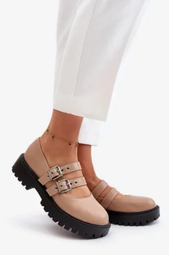 Boto Półbuty Skórzane*Półbuty Damskie Z Paskami Eko Skórzane Beżowe Terione Beżowy