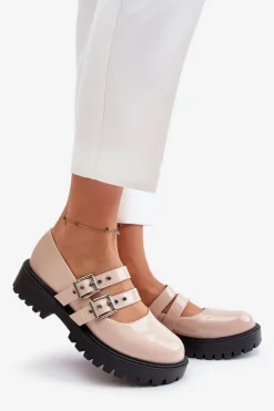 Clearance Boto Półbuty Damskie Z Paskami Lakierowane Beżowe Terione Beżowy