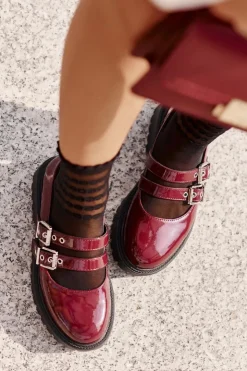 Boto Półbuty Lakierowane|Półbuty Skórzane*Półbuty Damskie Z Paskami Lakierowane Burgundowe Terione Czerwony