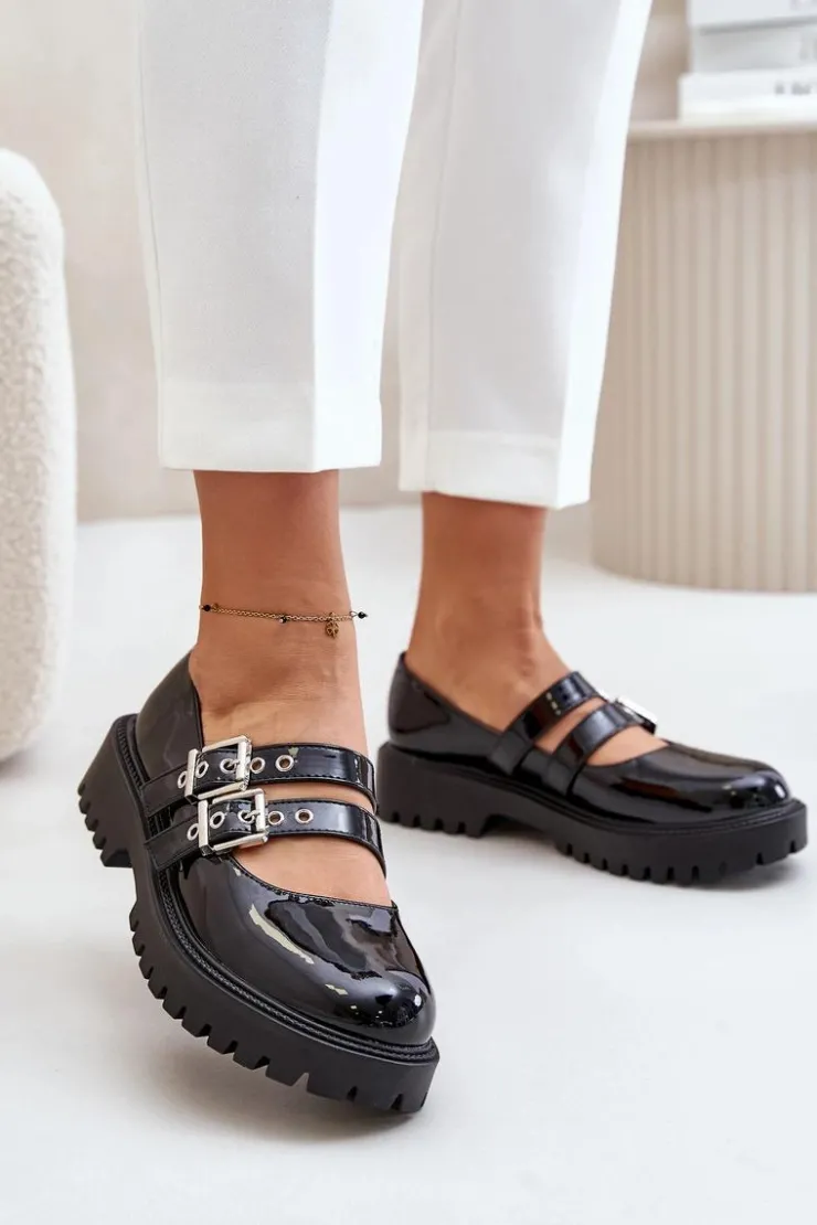 Boto Półbuty Lakierowane|Półbuty Skórzane*Półbuty Damskie Z Paskami Lakierowane Czarne Terione Czarny