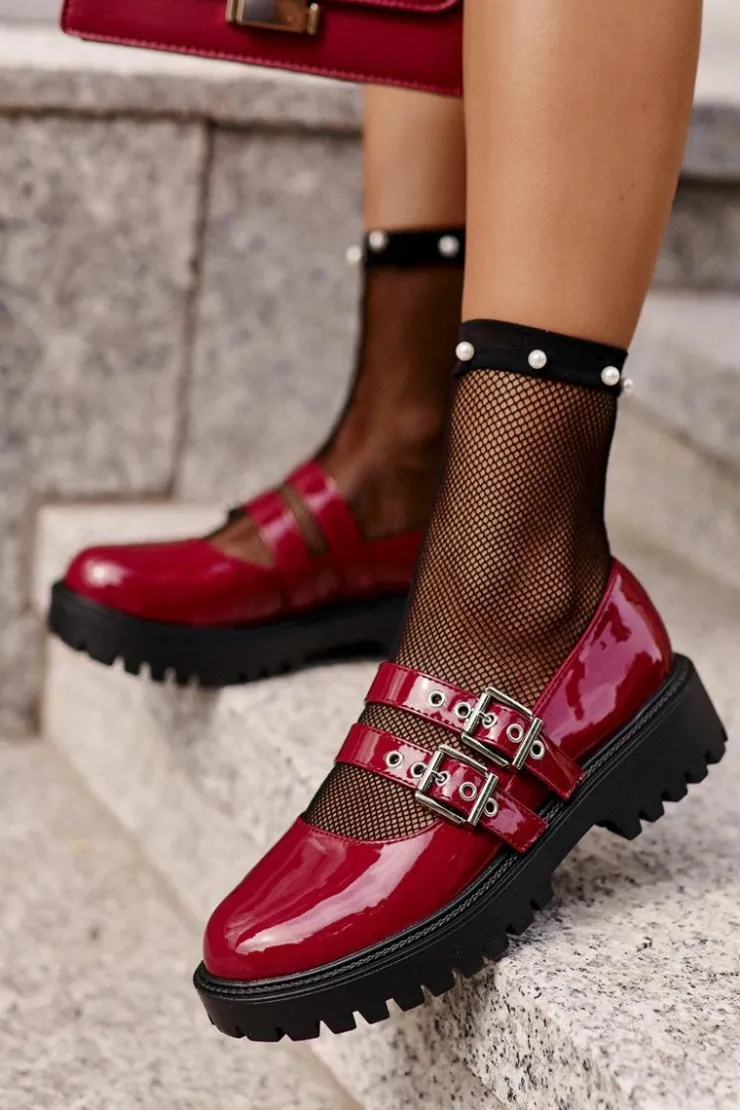 Damskie Boto Półbuty Damskie Z Paskami Lakierowane Bordowe Terione