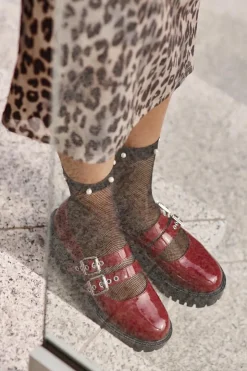 Damskie Boto Półbuty Damskie Z Paskami Lakierowane Bordowe Terione