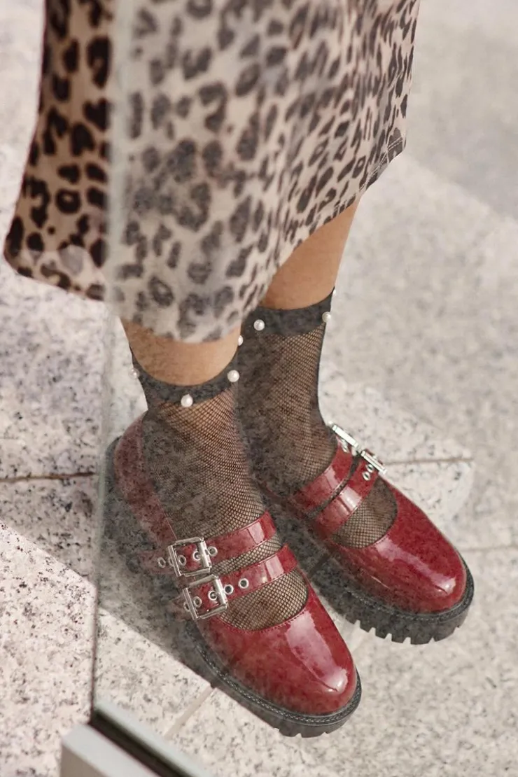 Damskie Boto Półbuty Damskie Z Paskami Lakierowane Bordowe Terione