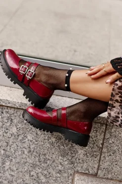 Damskie Boto Półbuty Damskie Z Paskami Lakierowane Bordowe Terione