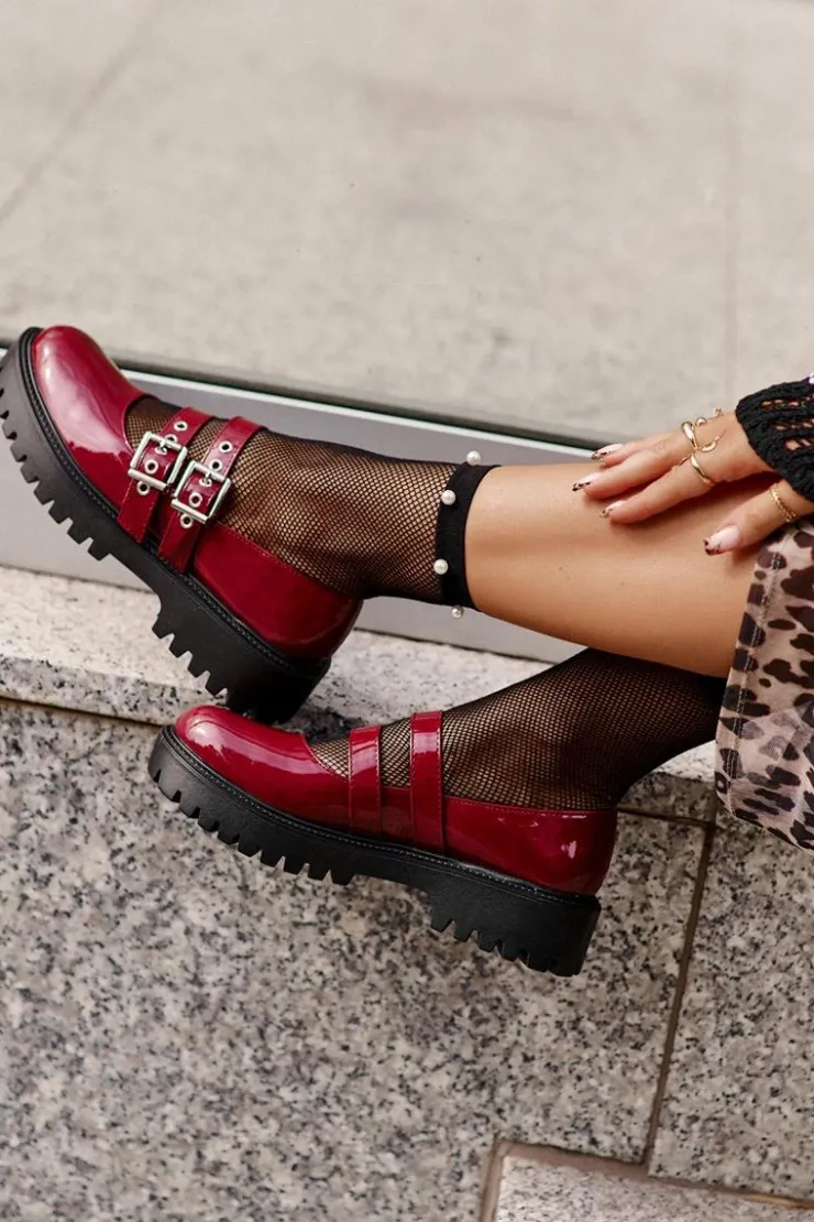 Damskie Boto Półbuty Damskie Z Paskami Lakierowane Bordowe Terione