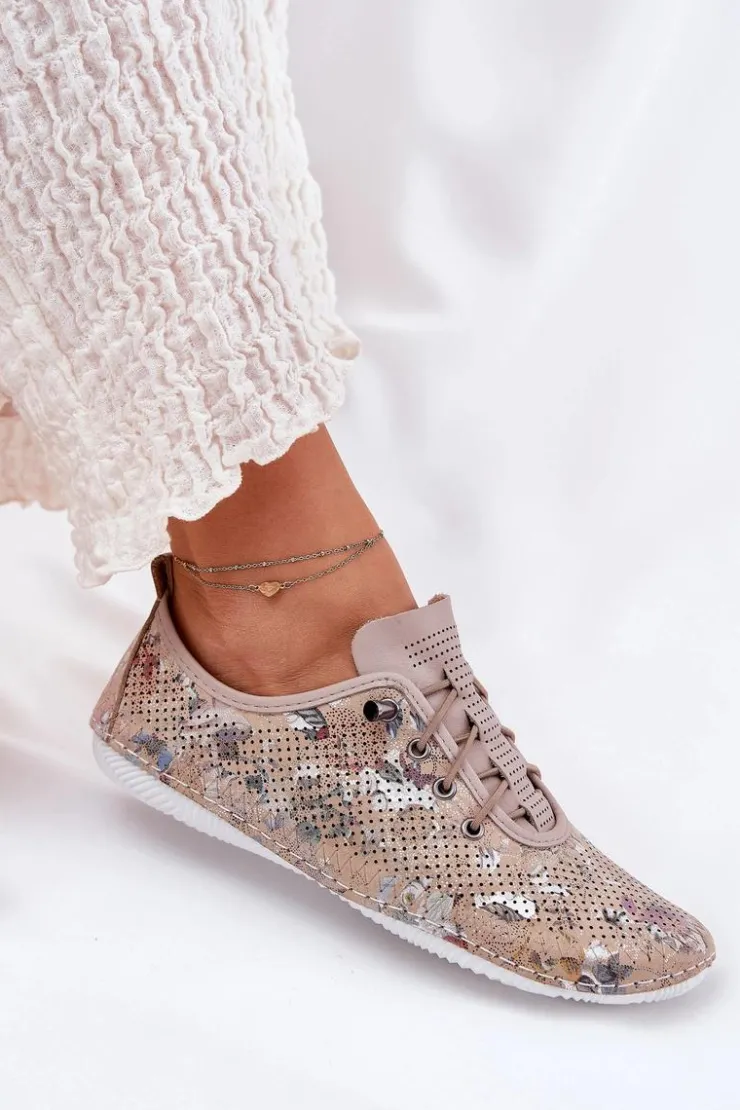 Artiker Półbuty Skórzane*Półbuty Damskie Ze Skóry Naturalnej Wzorzyste 56C2689 Beżowe Beżowy