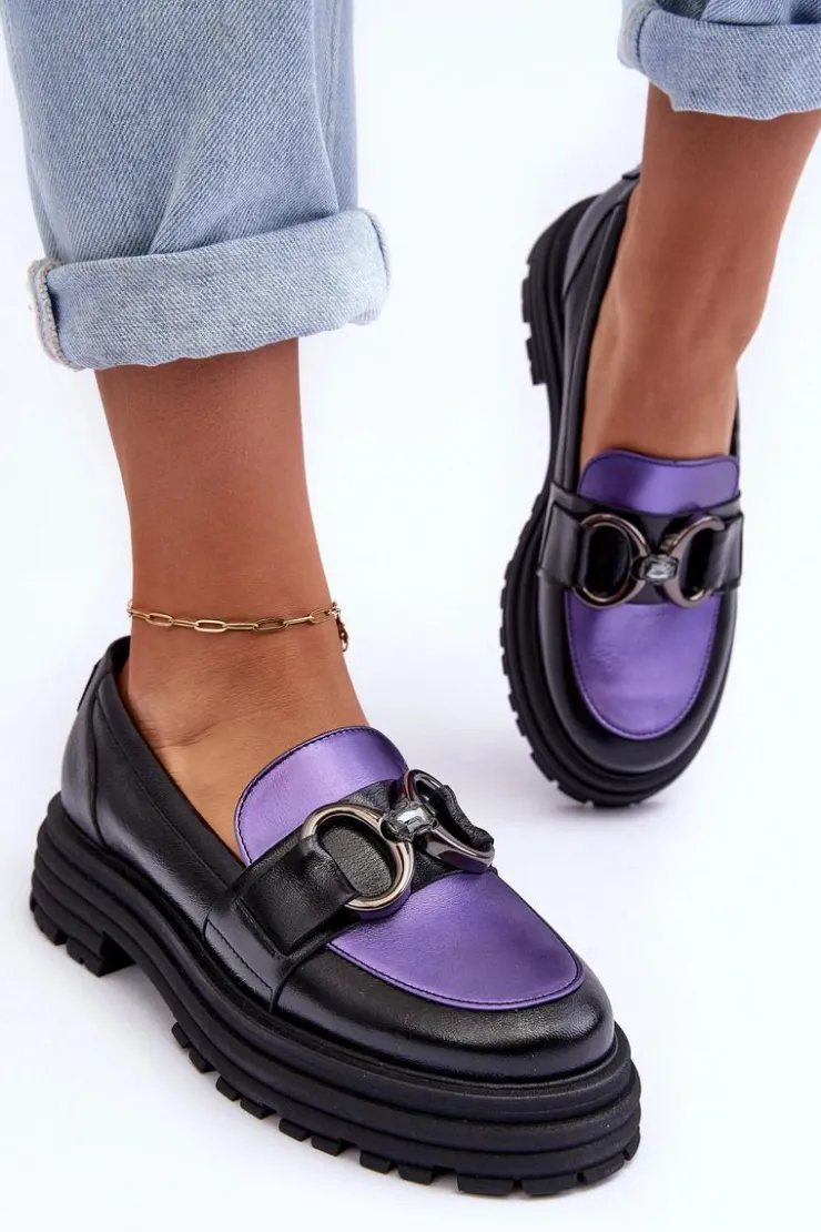 Damskie Laura Messi Półbuty Loafersy Damskie Skórzane Na Płaskim Obcasie Czarno-Fioletowe Elkiza