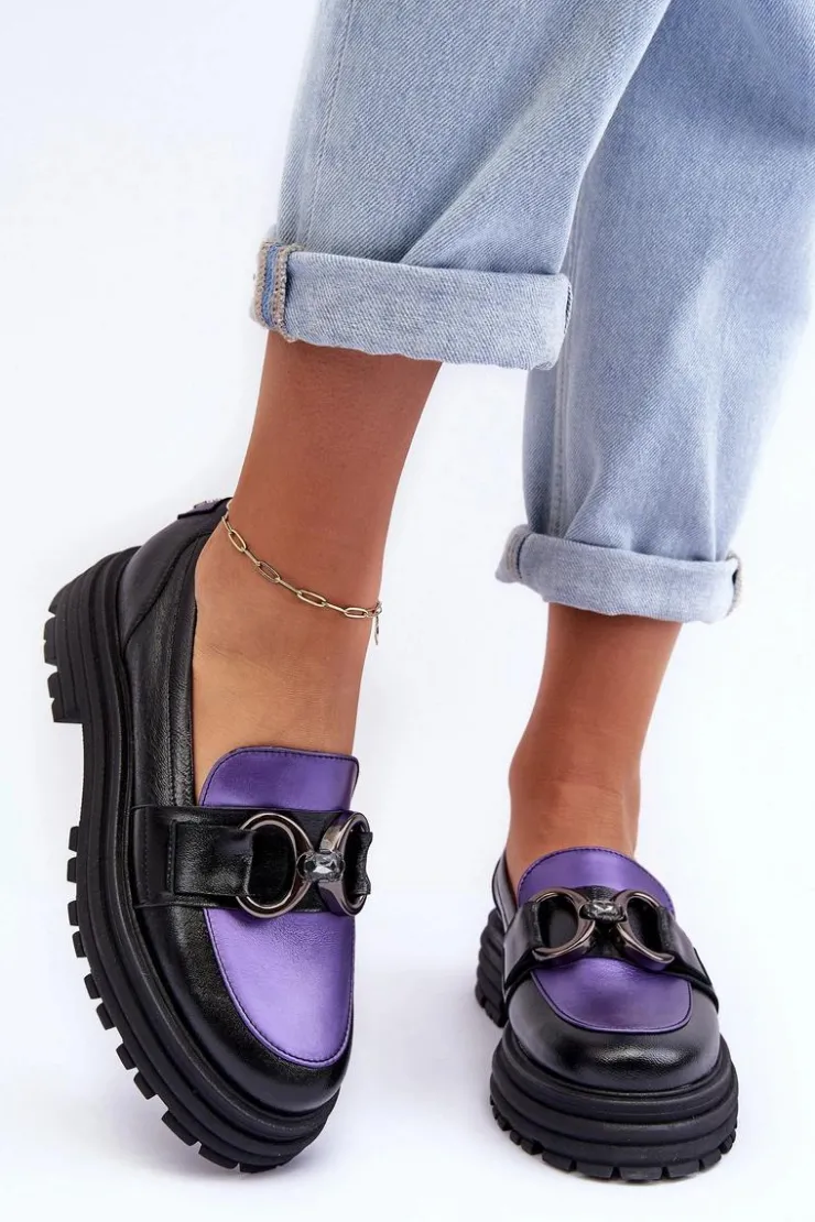 Damskie Laura Messi Półbuty Loafersy Damskie Skórzane Na Płaskim Obcasie Czarno-Fioletowe Elkiza