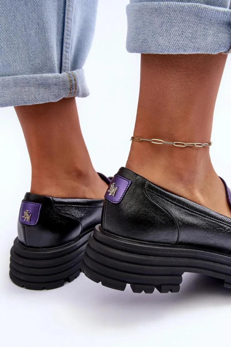 Damskie Laura Messi Półbuty Loafersy Damskie Skórzane Na Płaskim Obcasie Czarno-Fioletowe Elkiza